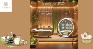 A serene spa setting showcasing personalized wellness trends for 2025 with a calming atmosphere